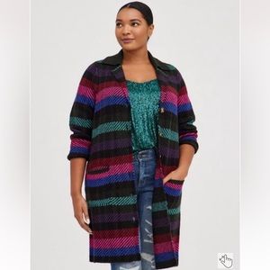 Torrid Long Knit Collared Sweater/ Coatigan Size 3 Striped Button Up Pockets